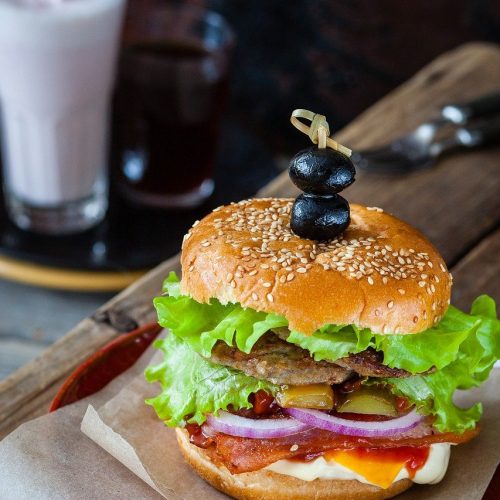 hamburger, burger, café